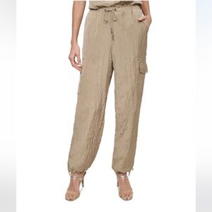 DKNY Women’s Crinkled Jogger Drawstring Pants Taupe Size M